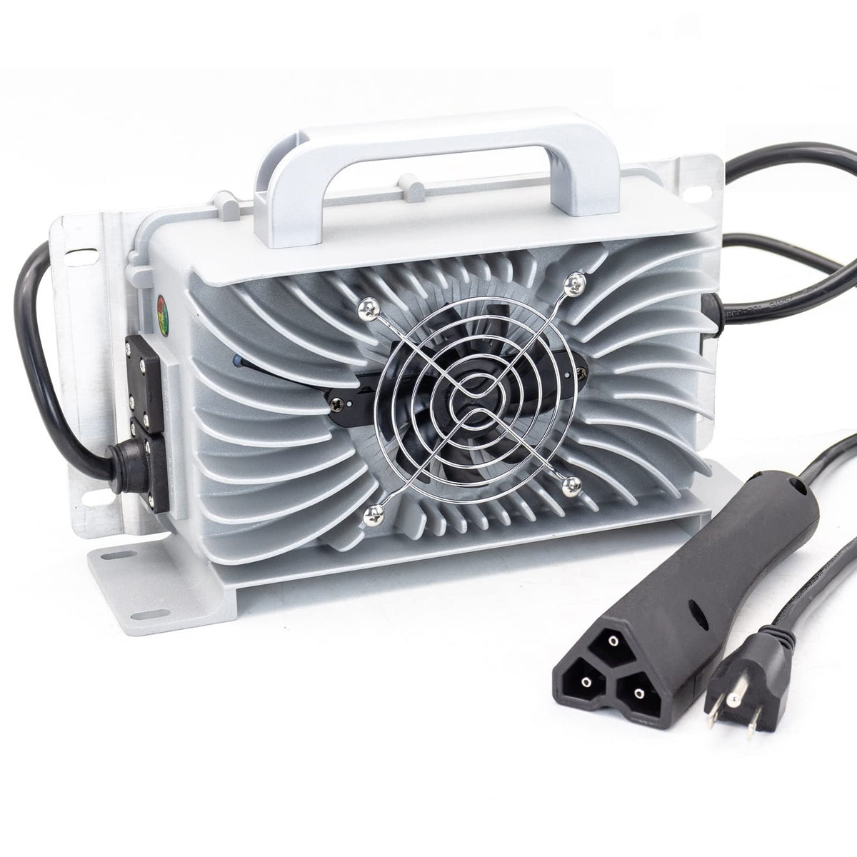 CAPTOK 48V charger for EZGO RXV/TXT, side view, robust connection.