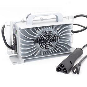 CAPTOK 48V charger for EZGO RXV/TXT, side view, robust connection.