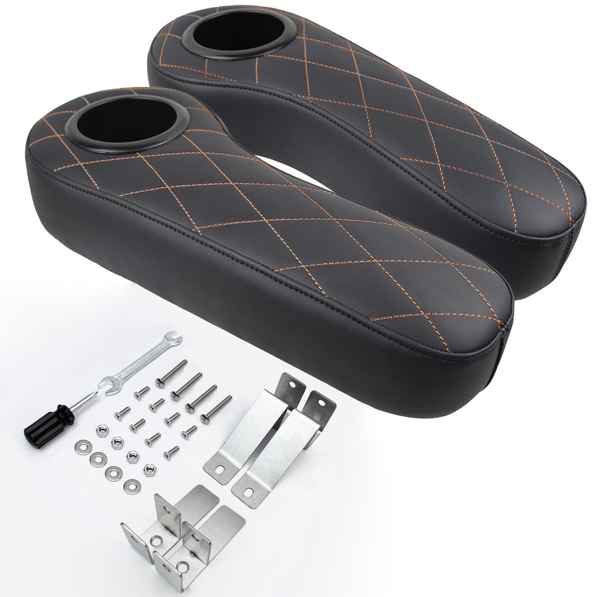 CARBBIA golf cart back-seat flip armrest in black with cup holder for easy drinks access.