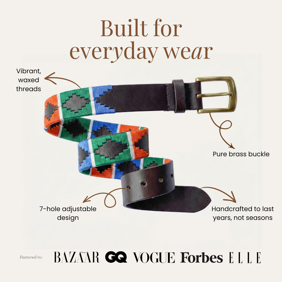 Front view shows slim silhouette and embroidery on Carlos Diaz belt.