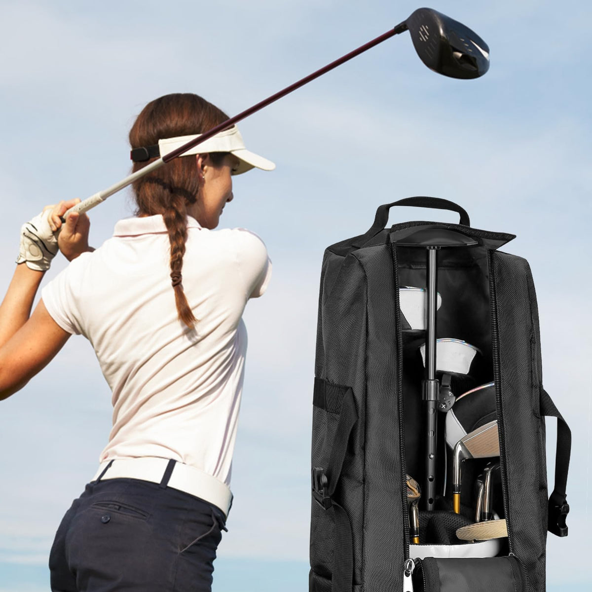 Carperipher rubber top cover cushions the bag top for gentle club protection.