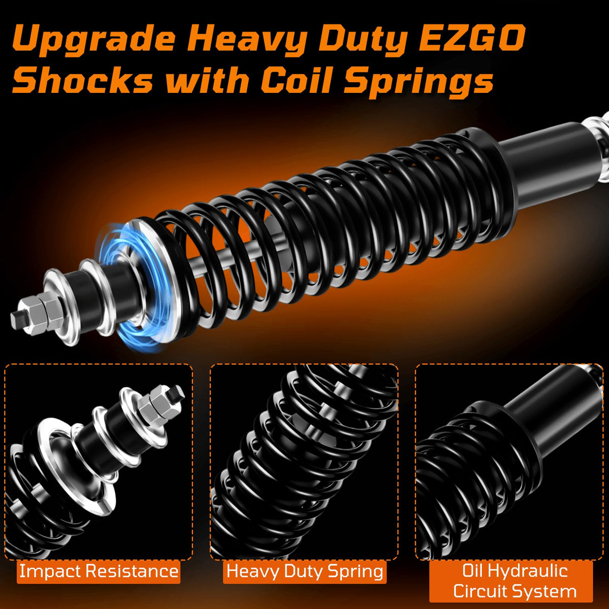 Cartalia 4-pcs shocks set for EZGO carts improves ride stability.