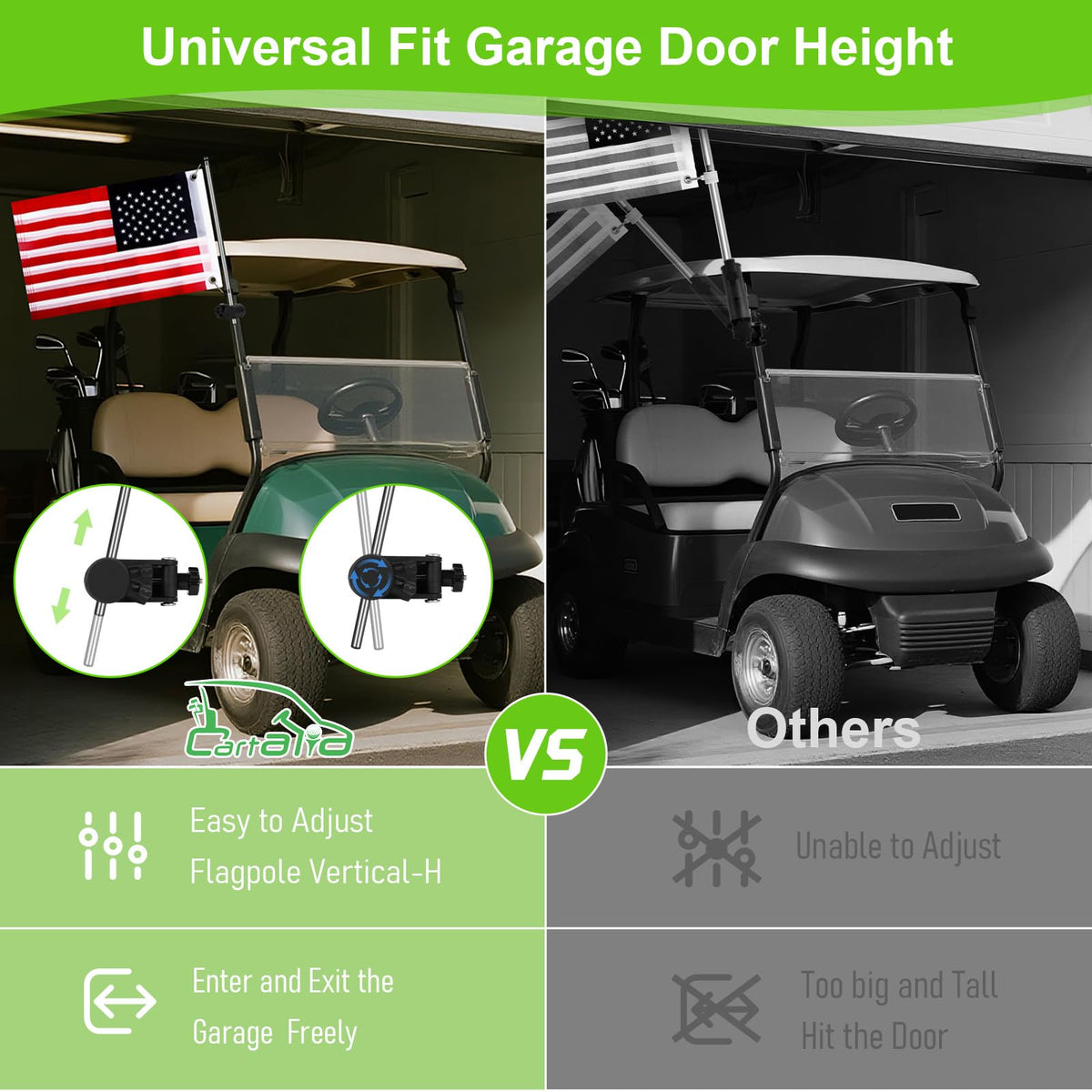 Cartalia adjustable flag holder with knob for easy height and direction tweaks.
