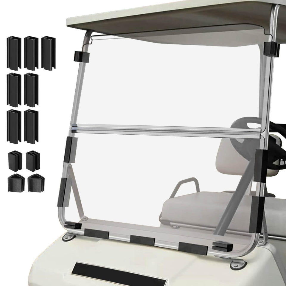 Cartalia clear windshield close-up shows 3/16 inch acrylic for DS golf carts with durable protection