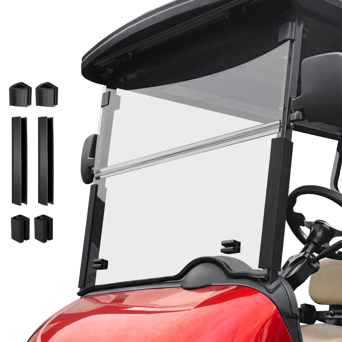 Cartalia clear windshield front view for EZGO RXV enhances visibility on sunny rounds.