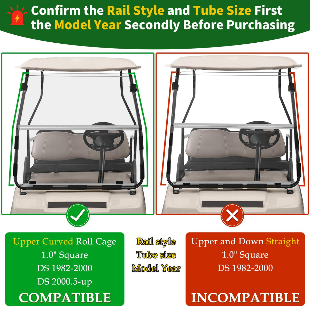 Cartalia club car ds 1982-up fit illustrated with tapered rail style for proper compatibility.