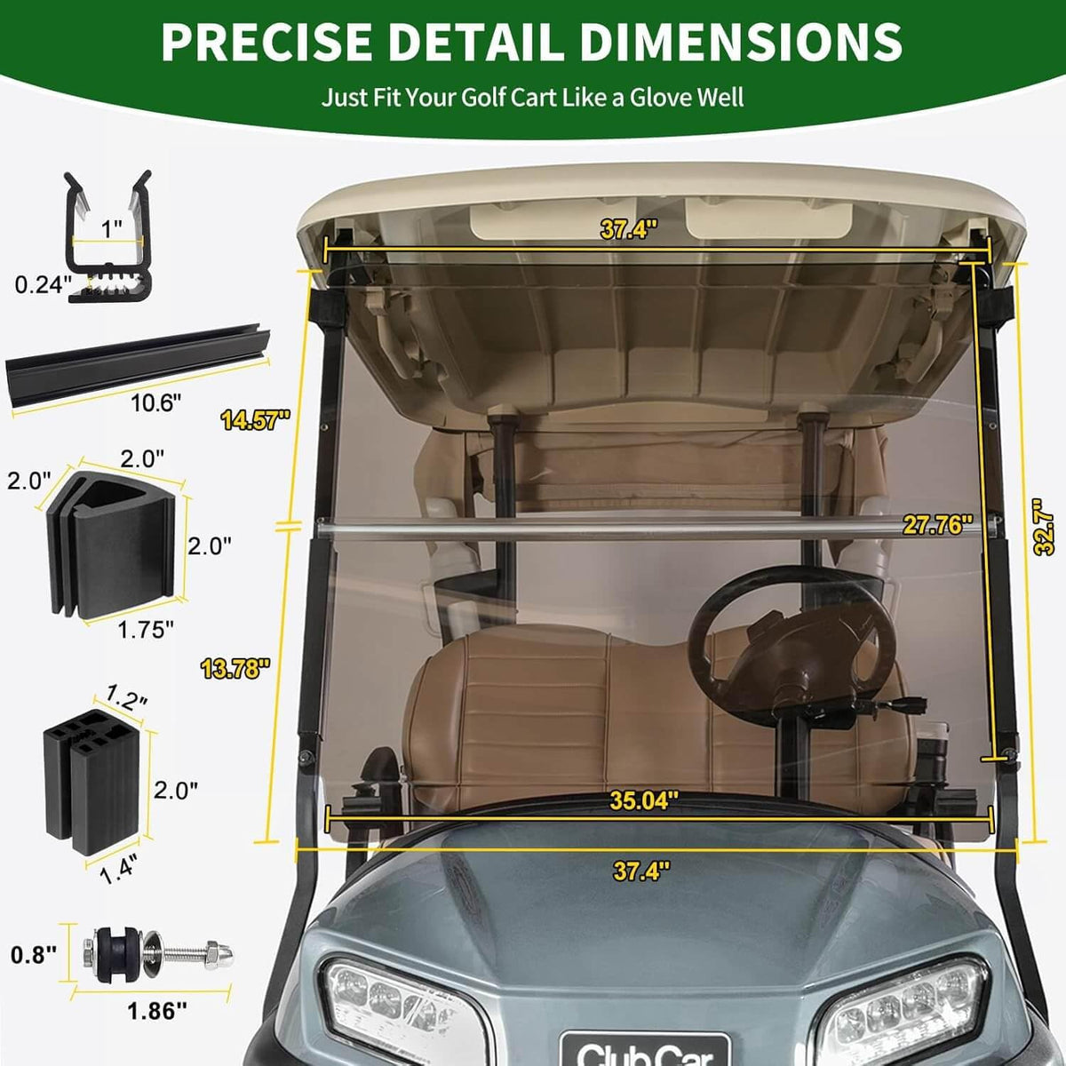 Cartalia windshield designed for Club Car Precedent rail compatibility for a snug fit