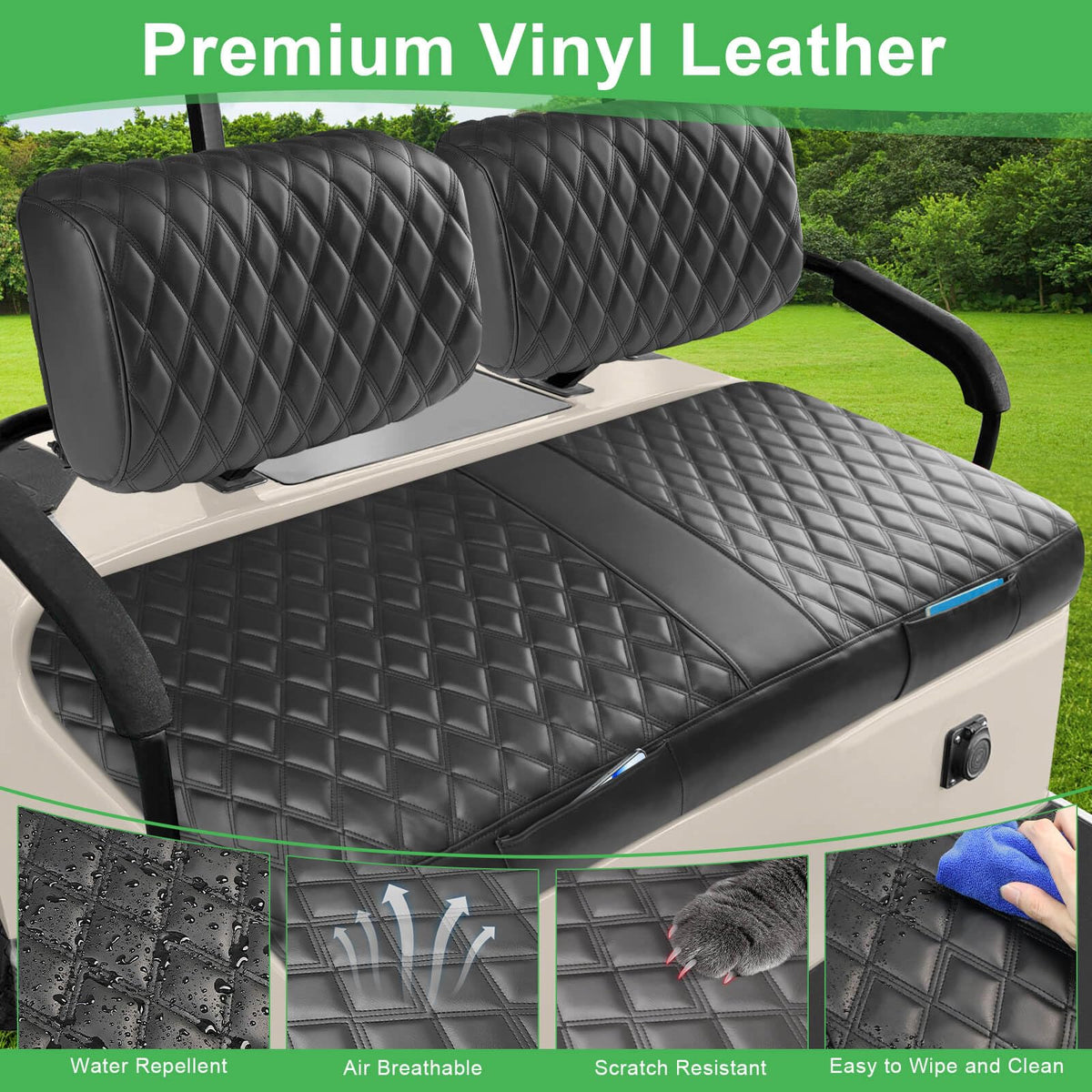 Cartalia diamond-pattern front seat cover upgrades golf cart aesthetics.