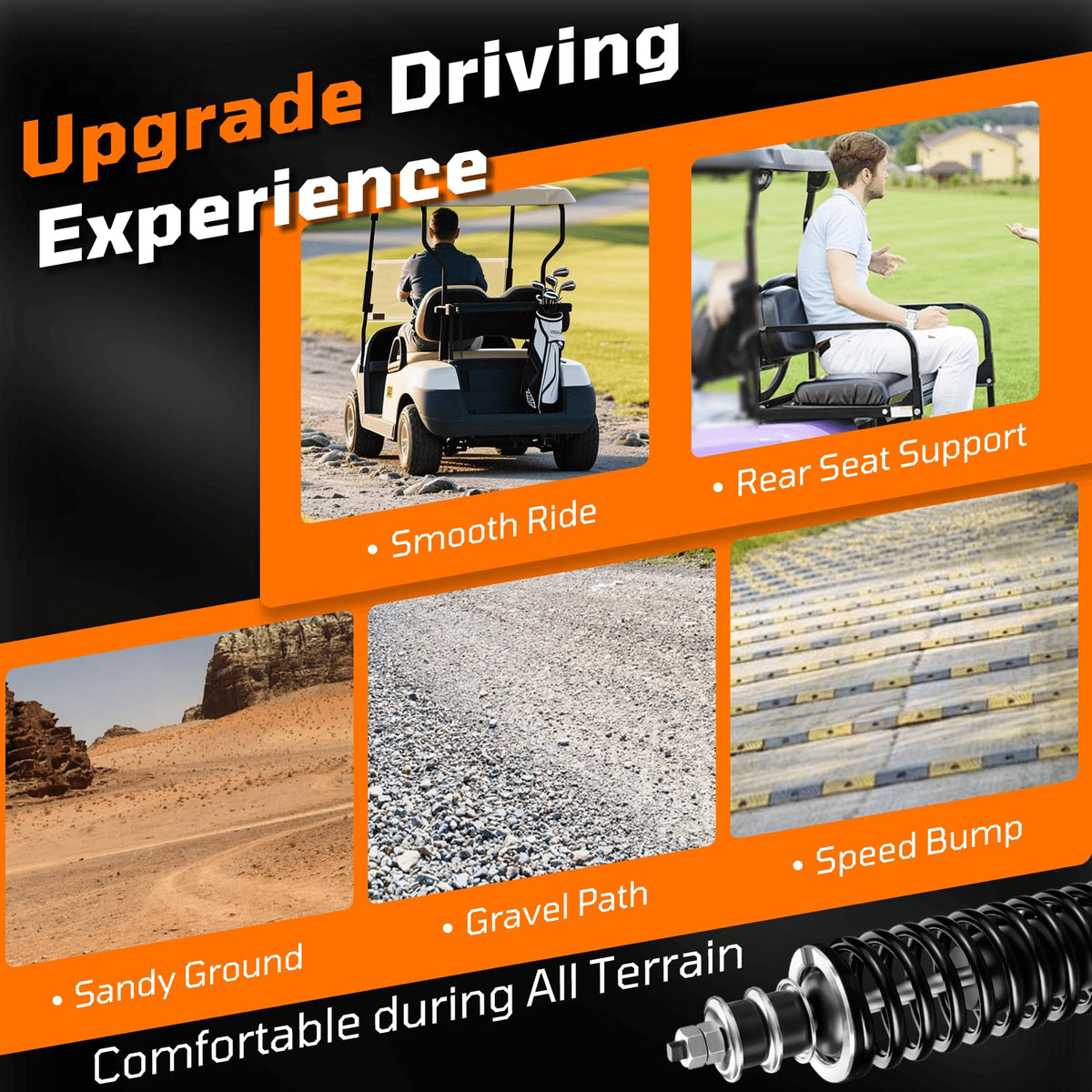 Cartalia shocks fit EZGO carts front or rear for versatile installation.