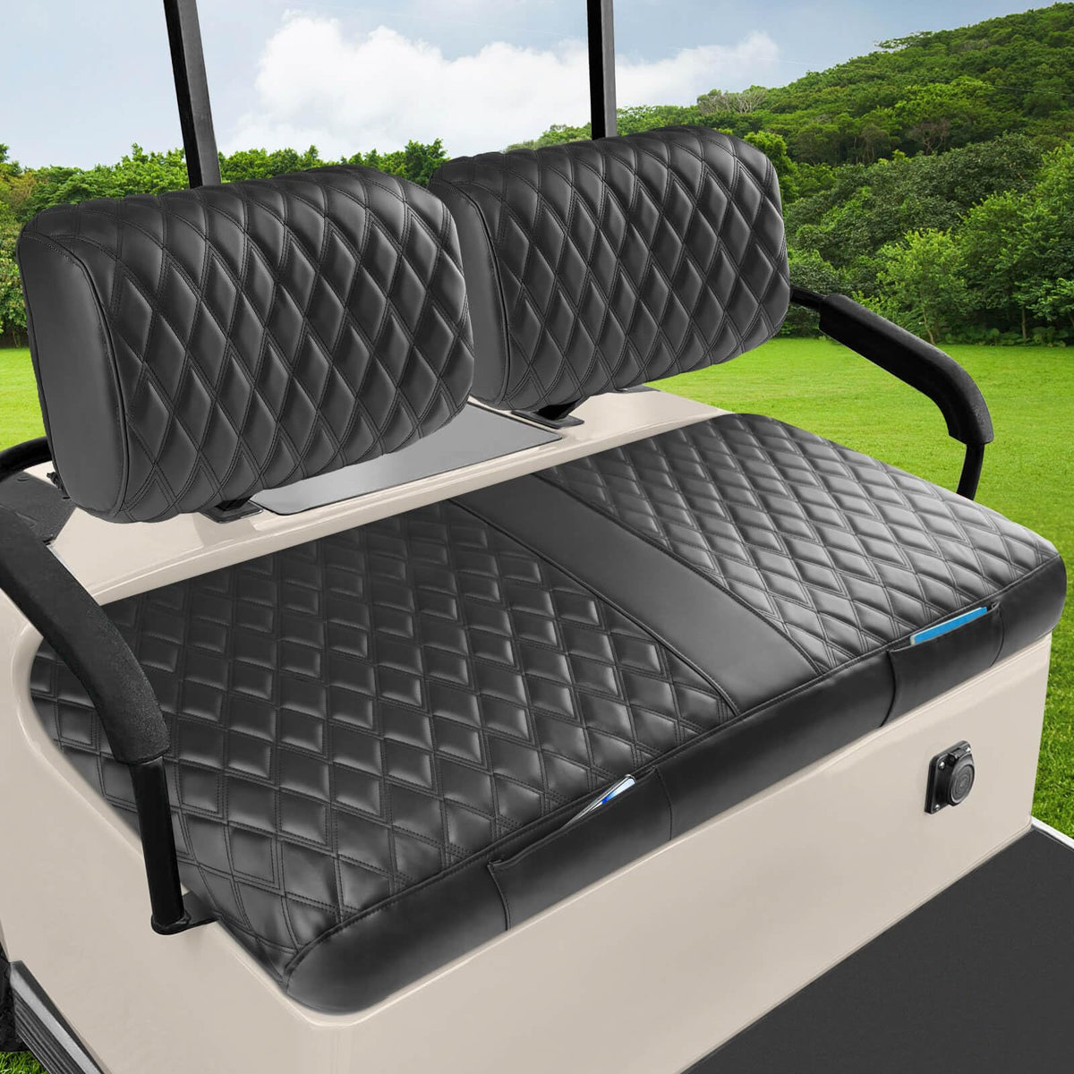 Cartalia front seat cover for Yamaha G22 with diamond pattern enhances style and protection.