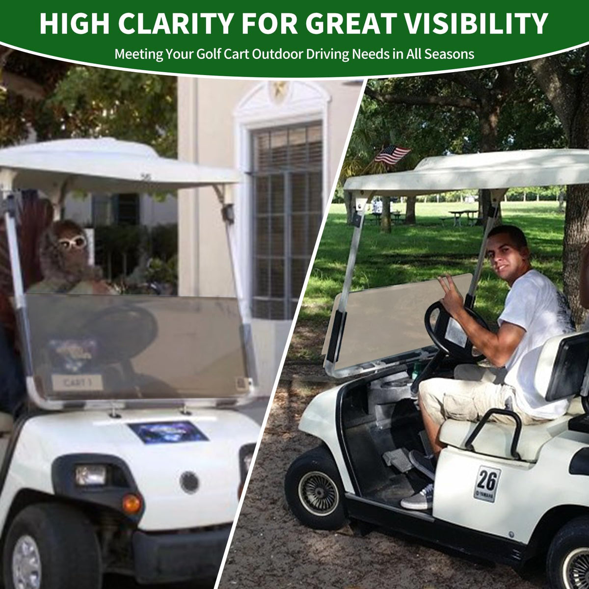 Cartalia front windshield delivers clear view for open-air golf sessions.