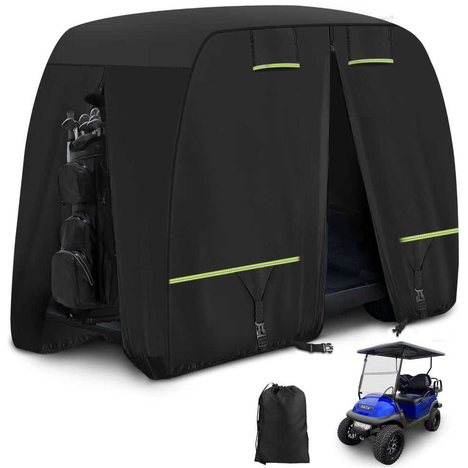 Cartalia golf cart cover 2-passenger front view showing snug fit and protection