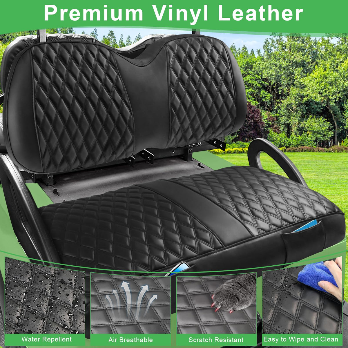 Diamond-pattern design gives a luxurious look to golf cart seats