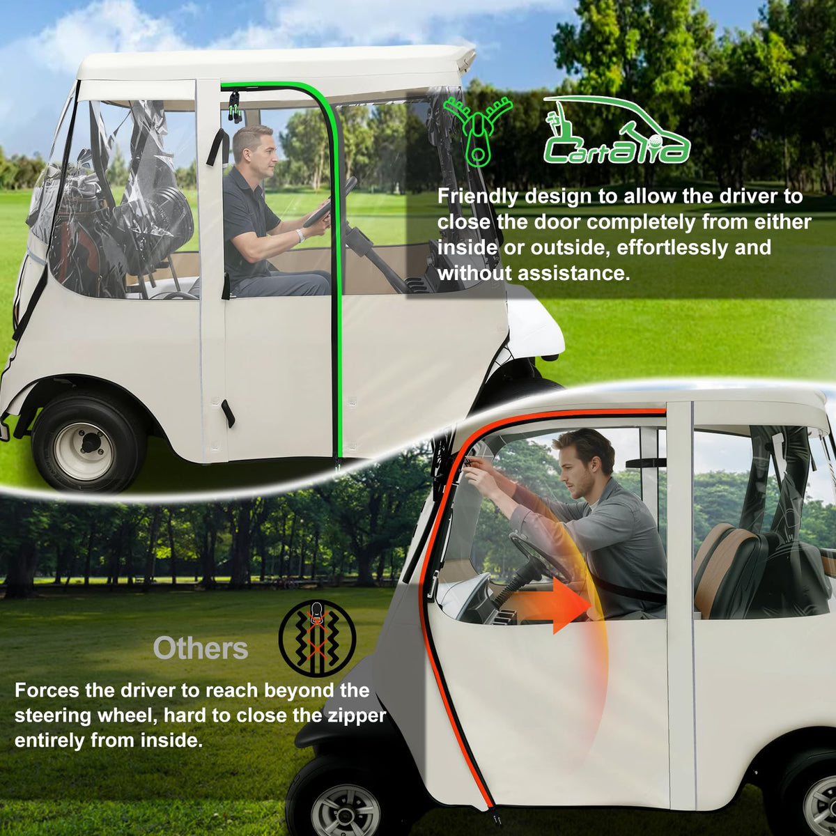 Cartalia clear PVC windows offering rain visibility and safe driving.