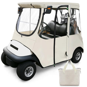 Cartalia 2-seat golf cart enclosure front view with clear visibility and protection.