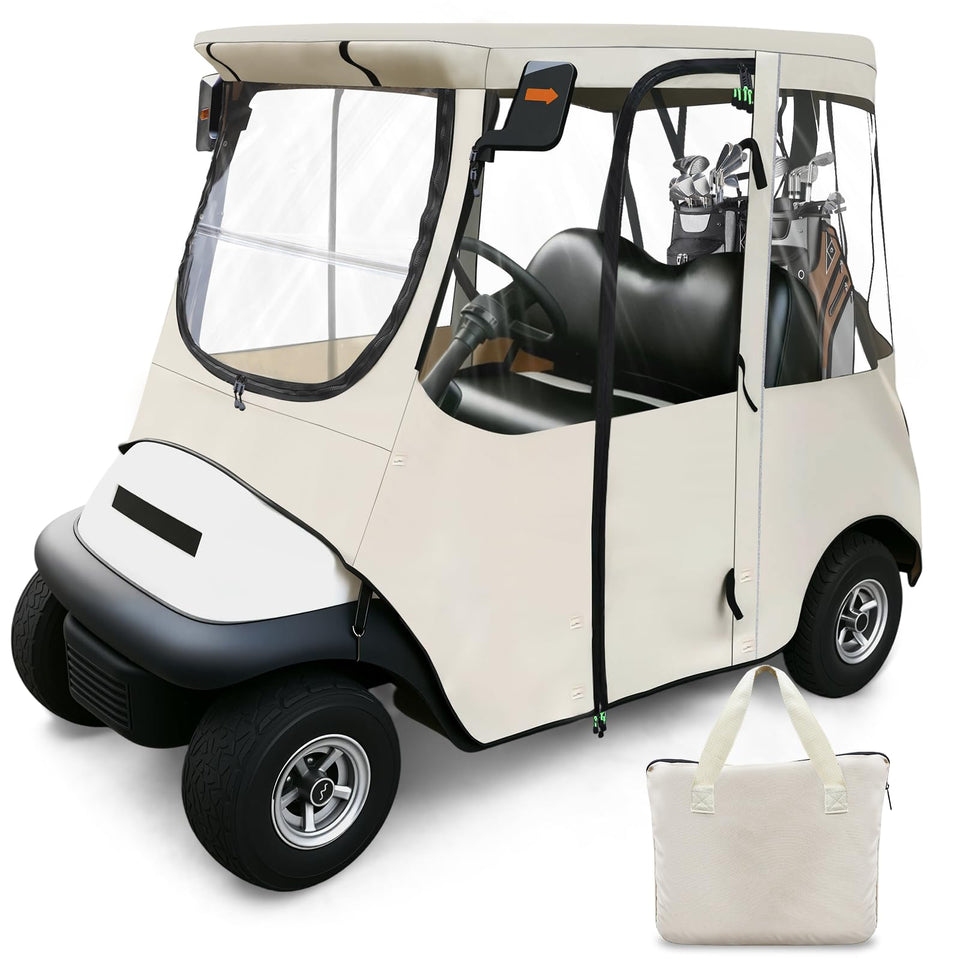 Cartalia 2-seat golf cart enclosure front view with clear visibility and protection.