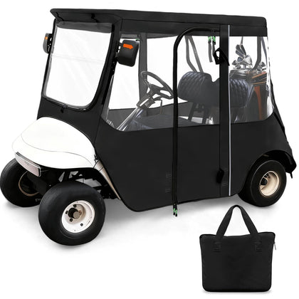 Cartalia golf cart enclosure front view with clear windows for safe driving.