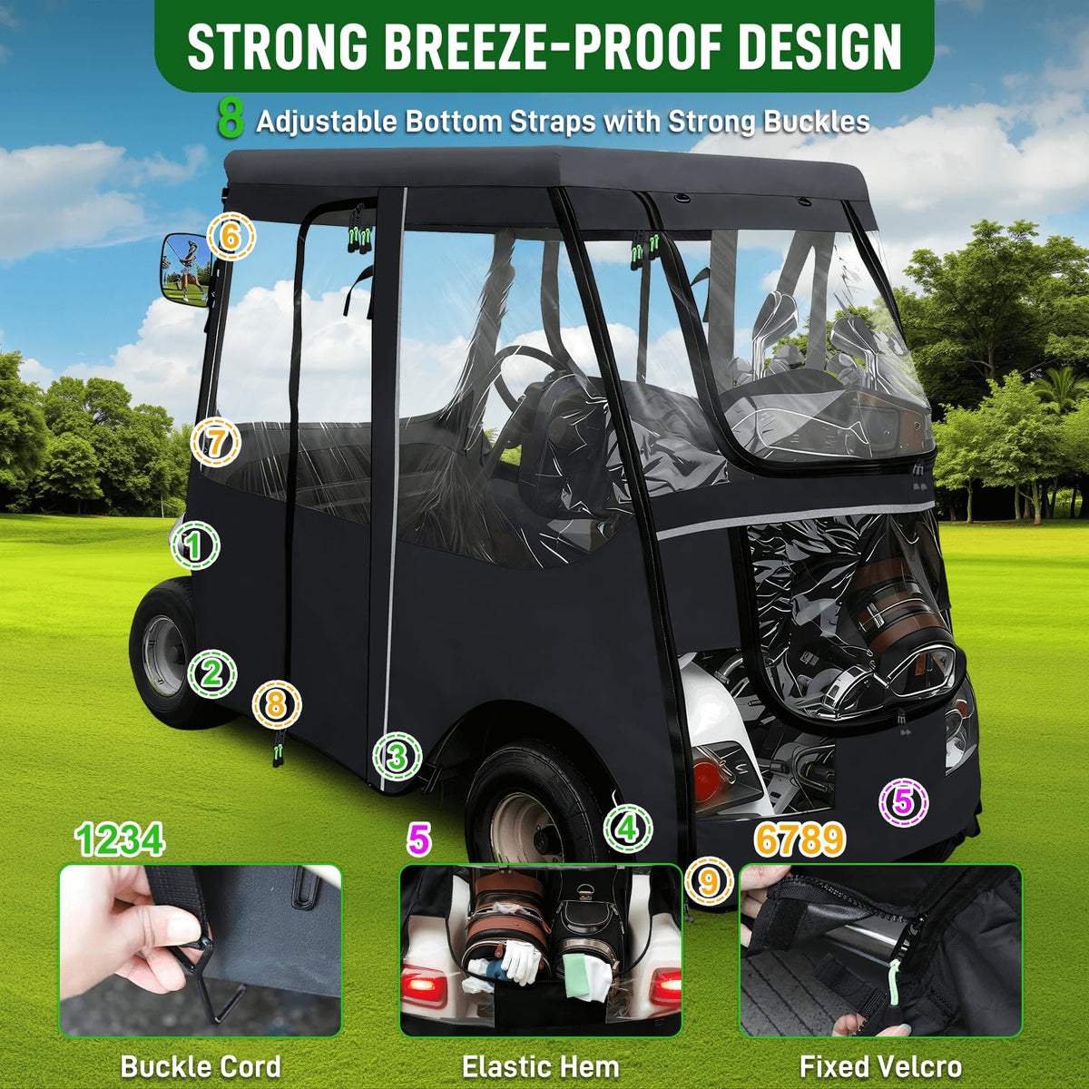 Cartalia golf cart enclosure with mirror access maintaining rear visibility.