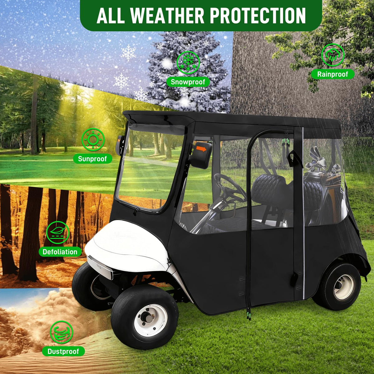 Cartalia golf cart enclosure rear view with transparent windows.