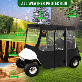 Cartalia golf cart enclosure rear view with transparent windows.