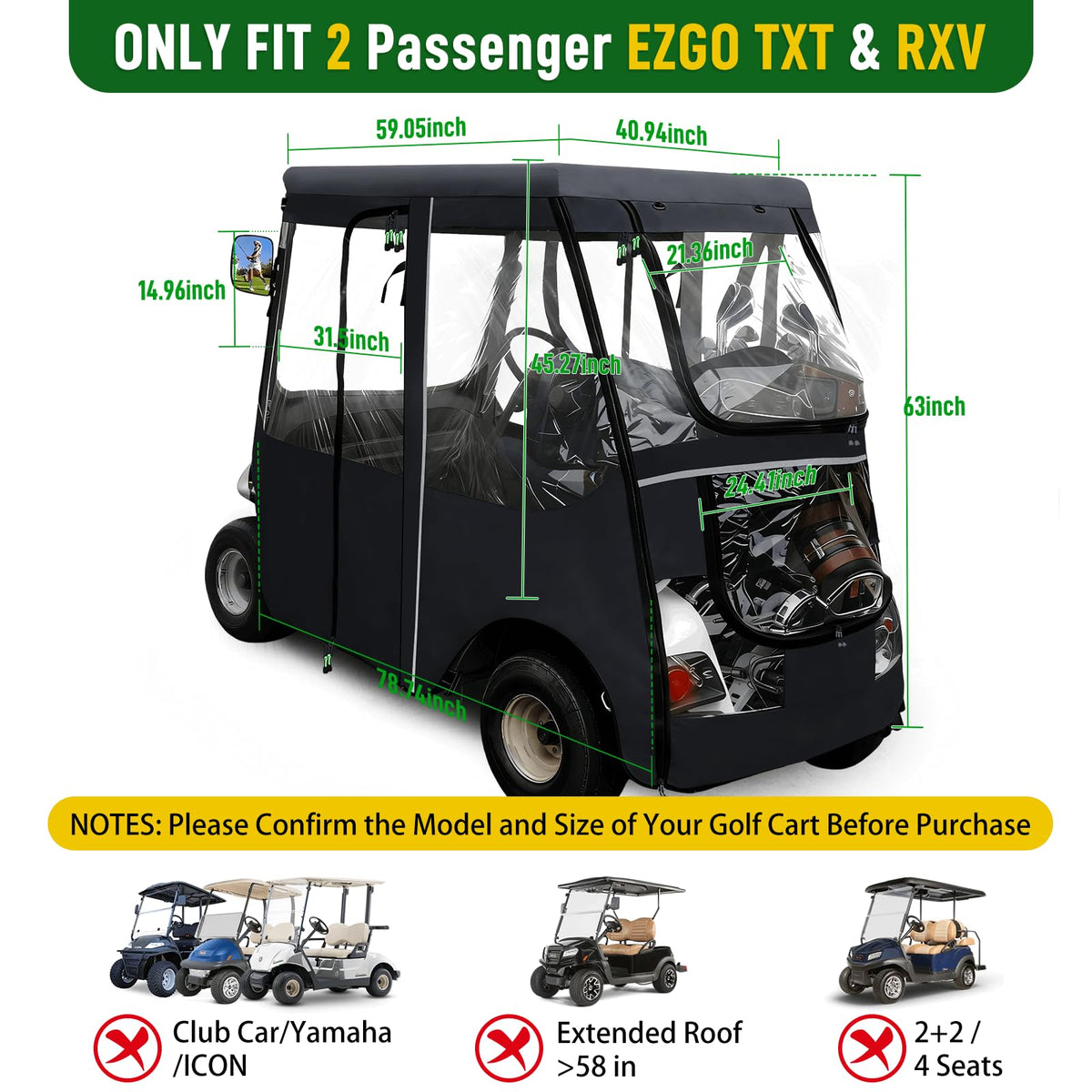 Cartalia golf cart enclosure side view showing roll-up doors for easy entry.