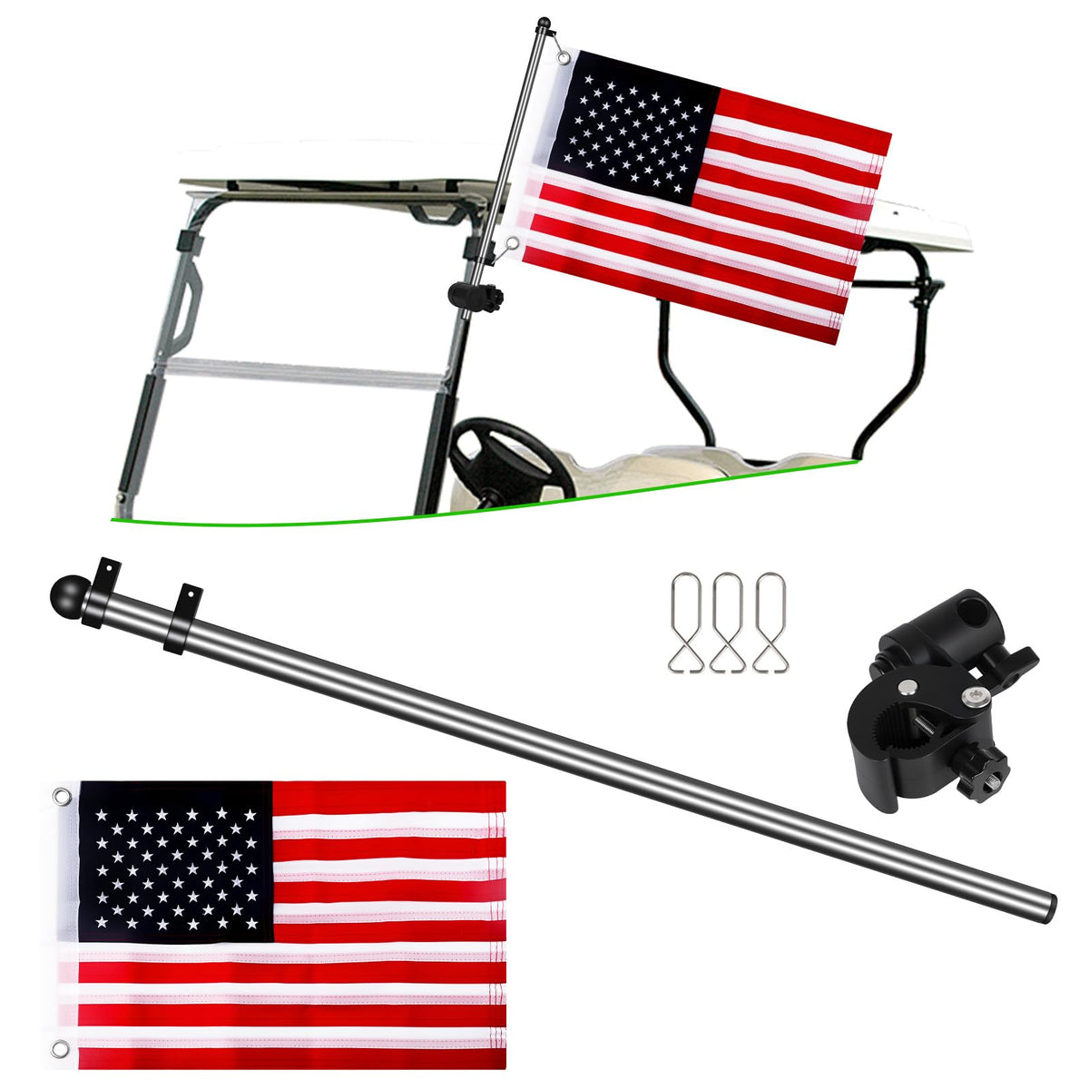Cartalia flag base for golf cart securely fits round or oval rails.