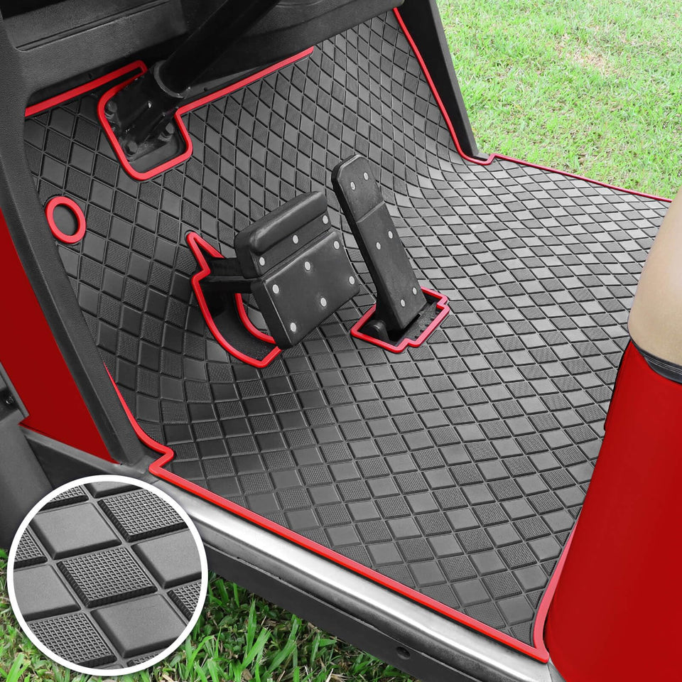 Cartalia golf cart floor liner 8mm with red trim for EZGO TXT shows full coverage and grip