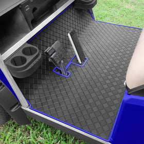 Cartalia golf cart floor liner with blue trim provides durable protection.