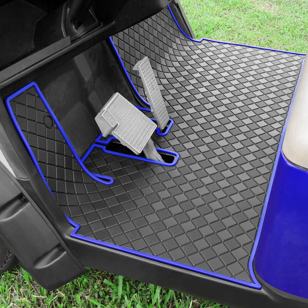 Cartalia golf cart floor liner with blue trim offers full-coverage protection from dirt.