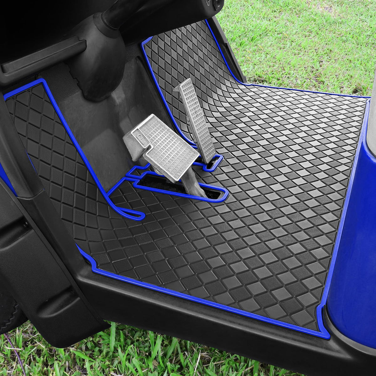 Cartalia golf cart floor mat with blue trim offering full coverage.
