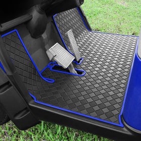 Cartalia golf cart floor mat with blue trim offering full coverage.