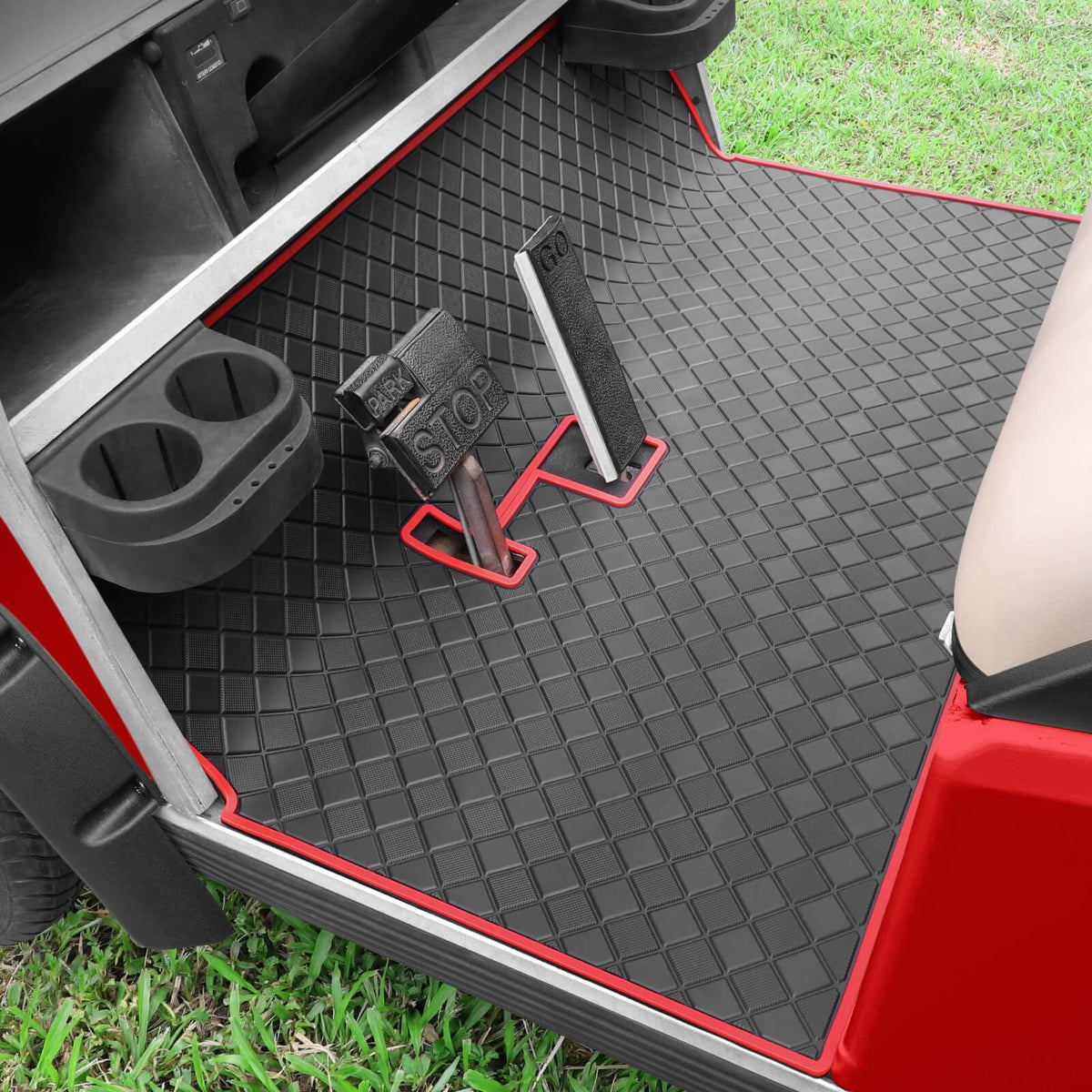 Cartalia golf cart floor mat with 8mm rubber and red trim, front view.