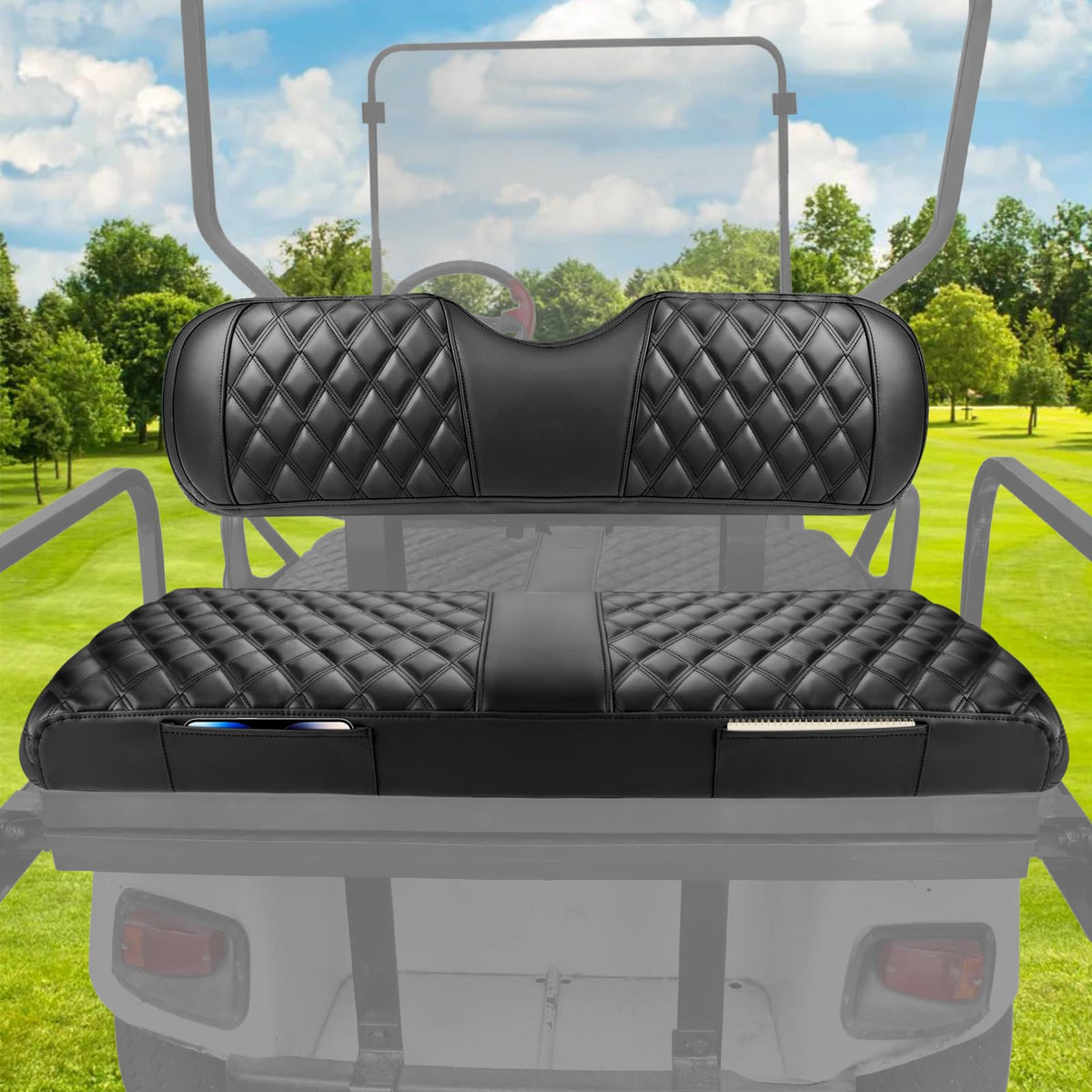Cartalia golf cart rear seat back-rest cover highlights premium PVC faux leather and durability.