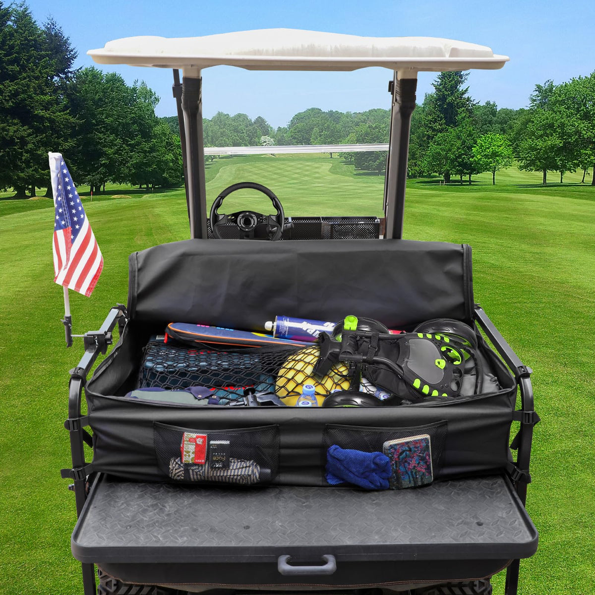 Cartalia rear storage bag attached to a 4-passenger golf cart for extra cargo space.