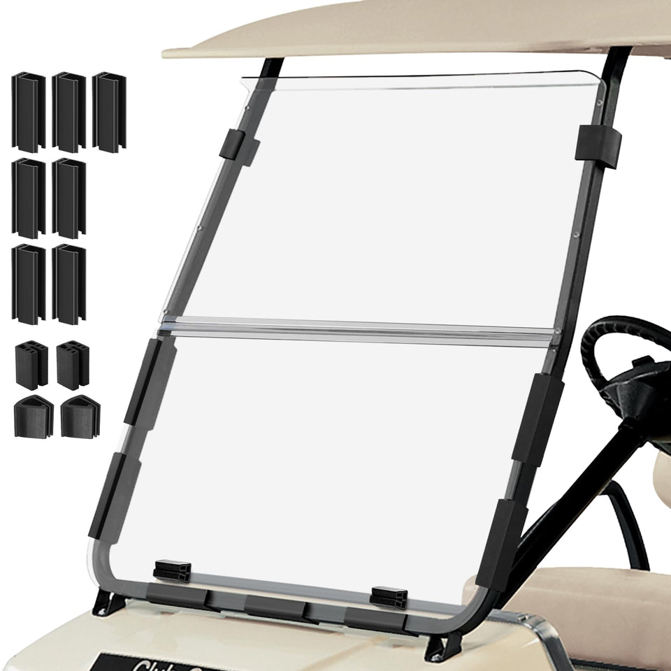 Cartalia folding golf windshield in clear 316 shows easy storage and setup.