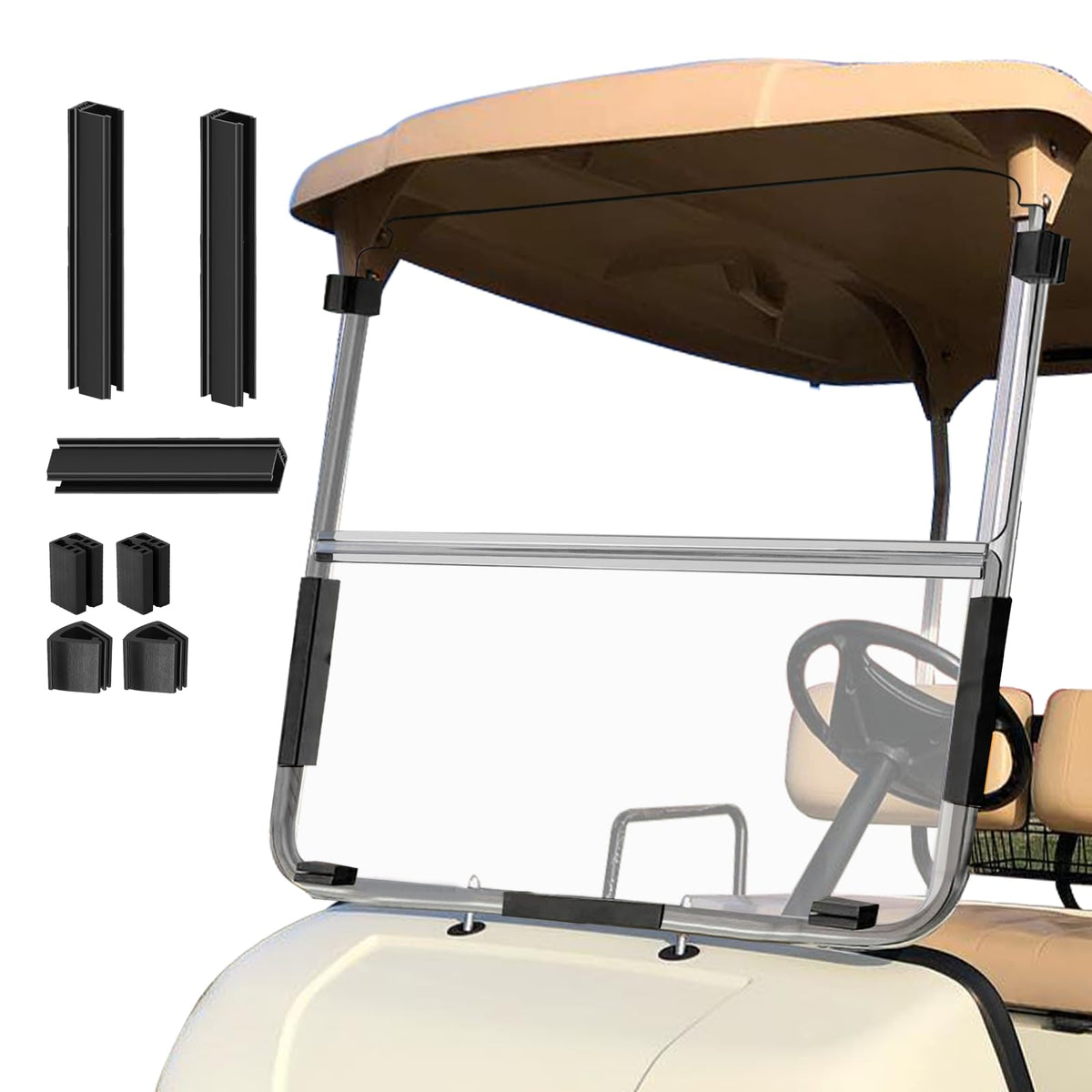 Cartalia golf cart windshield folded front view showing easy storage and deployment