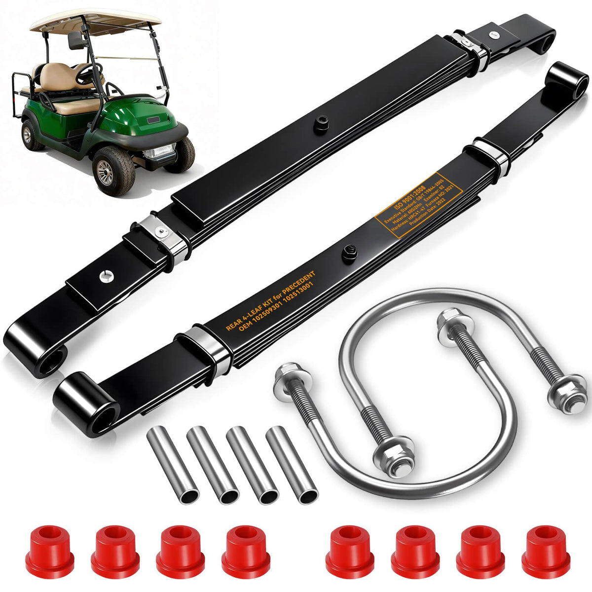 Cartalia heavy-duty rear 4-leaf springs for Club Car Precedent improving ride and load capacity.