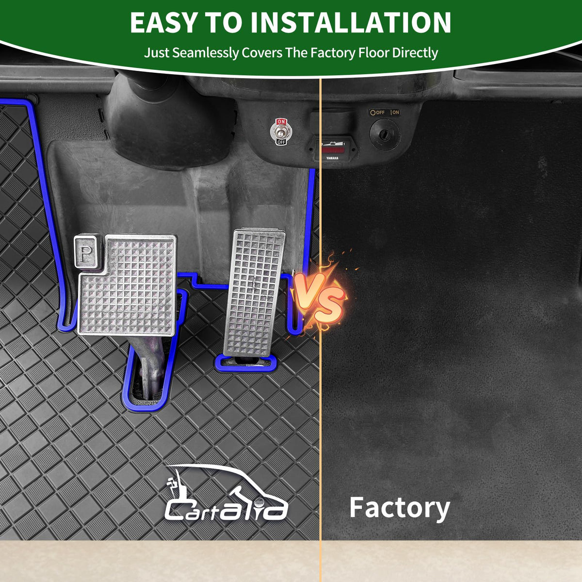 Cartalia floor mat front feet area emphasizes secure clip installation.