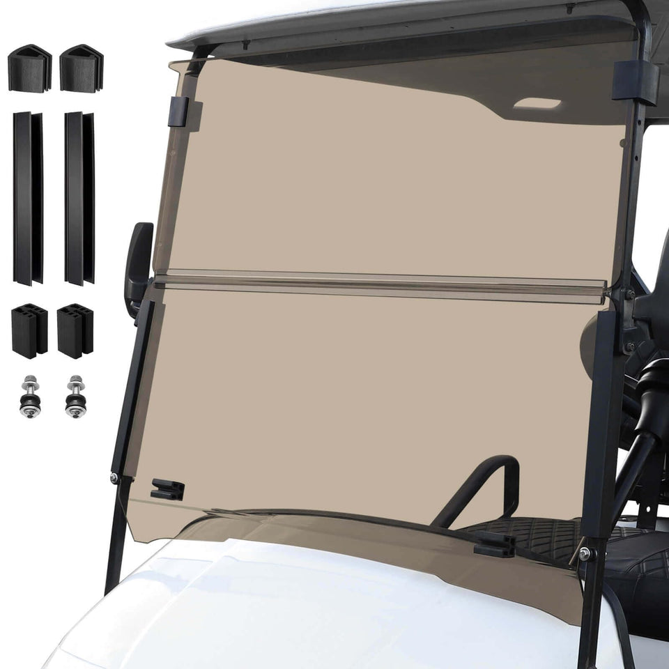 Cartalia tinted windshield for EZGO TXT improves visibility and protects riders from debris