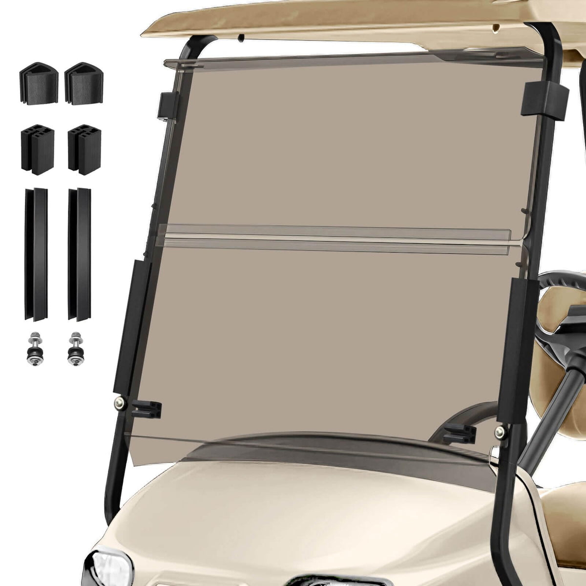 Cartalia tinted windshield for EZGO TXT front view showing precise 41.42 by 34.64 inch fit