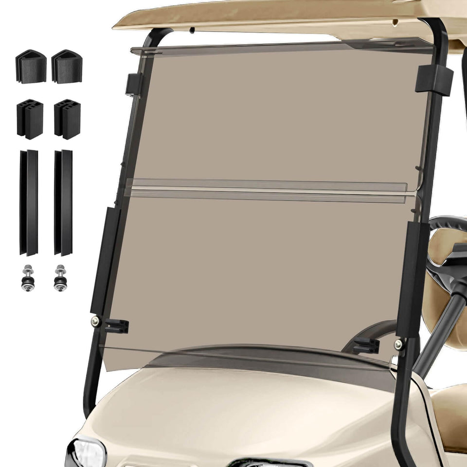 Cartalia tinted windshield for EZGO TXT front view showing precise 41.42 by 34.64 inch fit