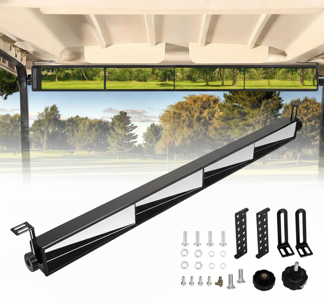 Cartalia 4-panel mirror on EZGO/Club Car/Yamaha carts improves rear visibility.