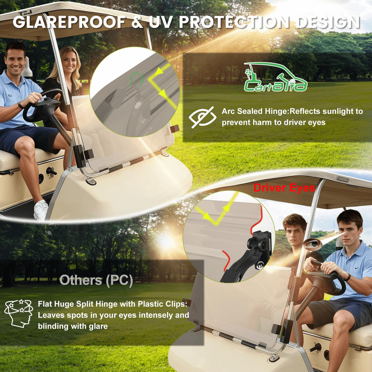 Cartalia shatter-resistant windshield designed for rugged golf cart use.