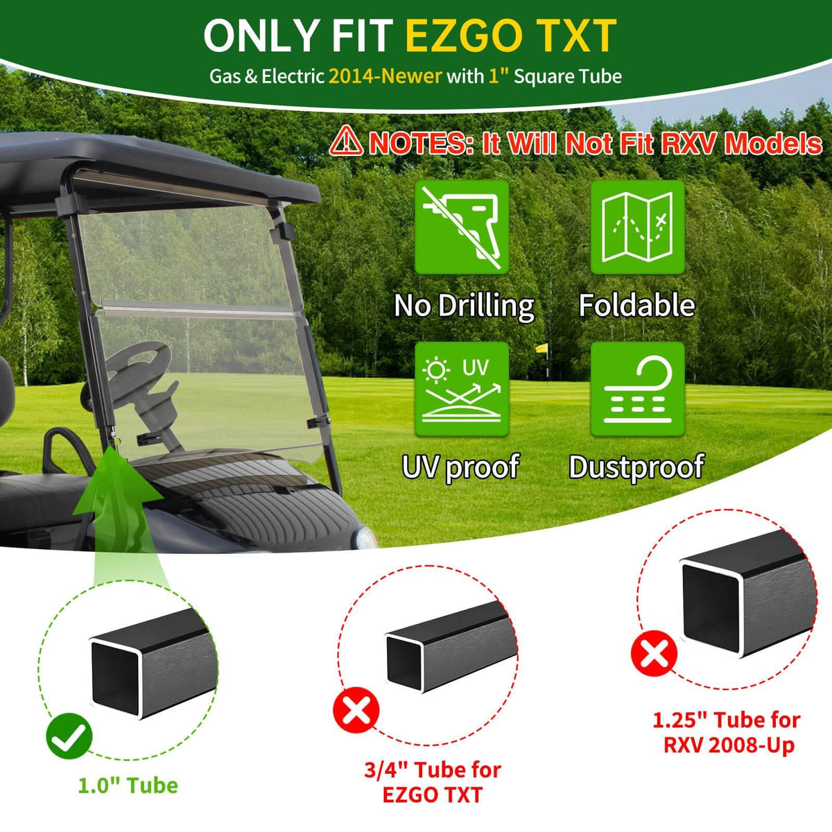 Cartalia foldable arc-hinged windshield in action on EZGO TXT.