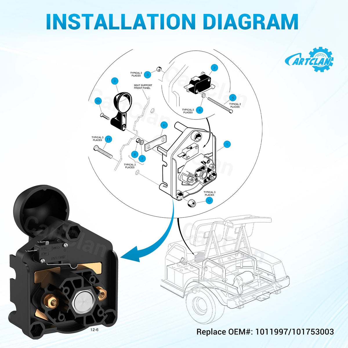 CartClan OEM replacement switch with model numbers 1011997/101753003 for Club Car DS compatibility.