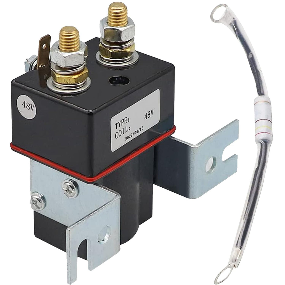 CartClan 48V solenoid coil with four terminals for stable Club Car ignition.