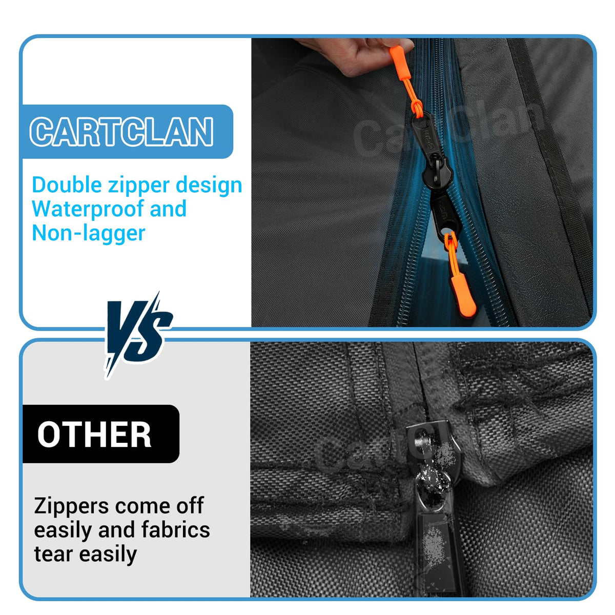 CartClan all-weather enclosure blocks wind and rain for comfortable rides.