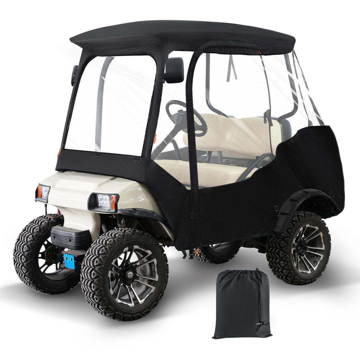 CartClan Club Car DS enclosure front view showing rain protection and clear visibility.