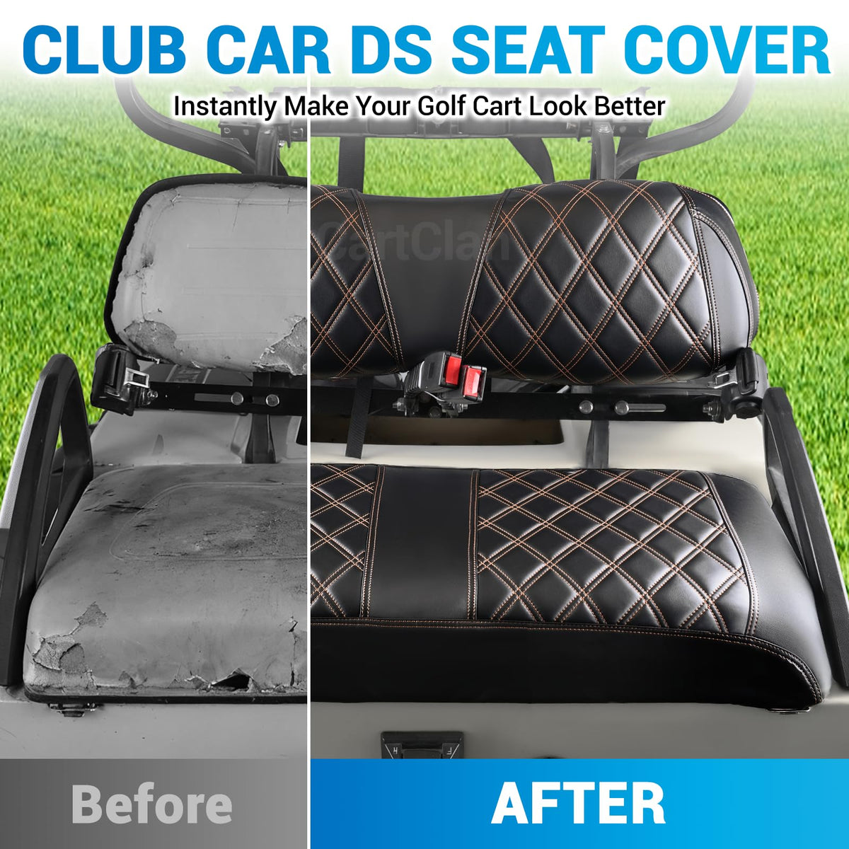 CartClan Club Car DS front seat cushion cover with brown stitching improves durability.
