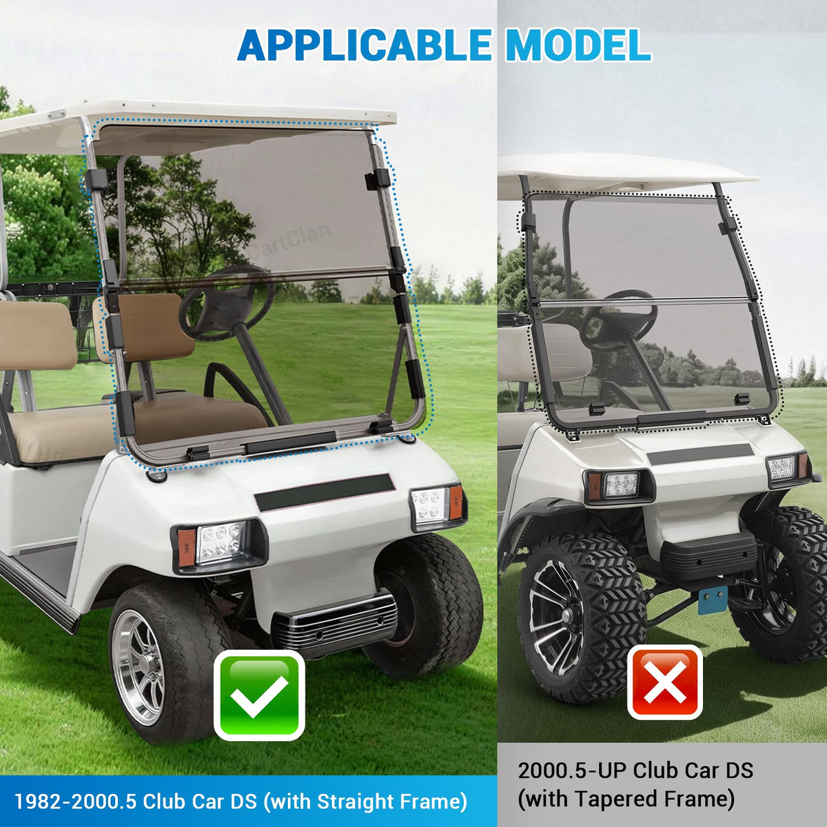 CartClan Club Car DS windshield compatible with 1982-2000.5 models for front protection.